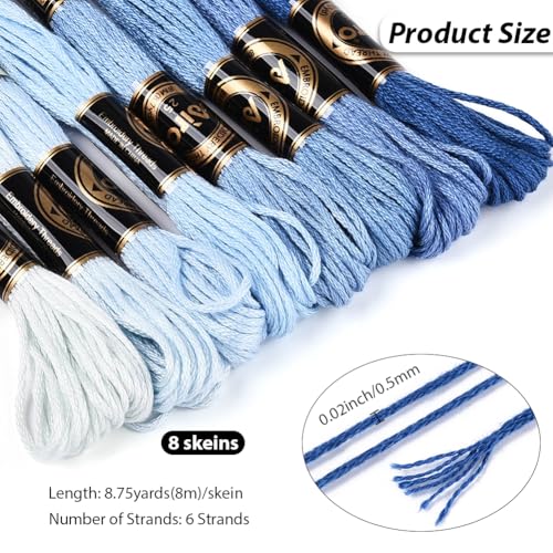 8 Skeins 6 Strands Blue Cross Stitch Thread Variegated Gradient Embroidery Floss Polyester Friendship Bracelet String Yarn Threads Bulk for Hand Sewing Bracelets Making Needlecraft Crochet - color: Gradient Blue, size: 70Yards
