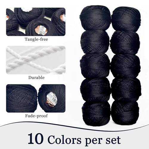 Double Mercerized Egyptian Long Staple Cotton Pearl Thread Ball 10 Grams Rainbow Color Embroidery Thread 10 Balls per Box for Crochet Hardanger Cross Stitch Hand Embroidery,Black - color: black