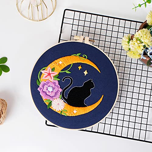 Louise Maelys Cat Moon Embroidery Kit for Beginners Floral DIY Craft Set - color: kit-18