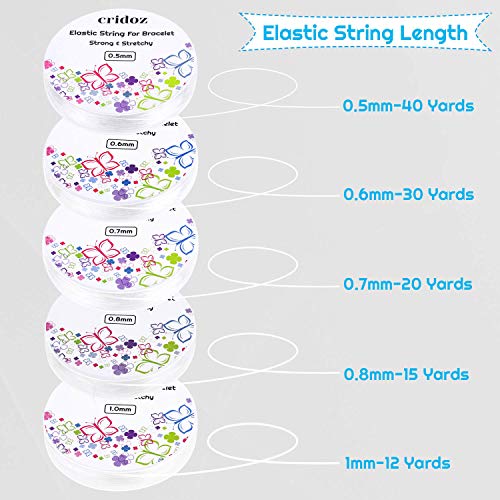 Stretchy String for Bracelets, Cridoz 5 Rolls Clear Elastic String Stretch Cord Jewelry Bead Bracelet String with 2 Pcs Beading Needles for Seed Beads, Pony Beads
