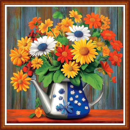 Redxing Counted Cross Stitch Kit for Beginners,Unprinted Needlepoint Kits for Beginners Cross Stitching Embroidery Kit 11CT Stitches kit-Flower Water Kettle 18x18 inch - color: SetColor12