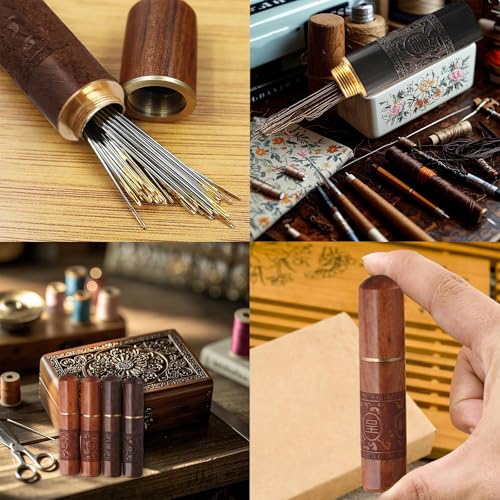 Uniquer 4 Pieces Wooden Sewing Needles Holder Set Retro Engraving Printed Needle Storage Case Box for DIY Sewing Craft Accessories