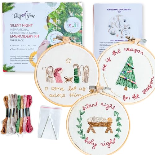 Elly & Grace Christian Embroidery Kit with Embroidery Hoop, Easy Embroidery Kit for Beginners and Adults, Full Embroidery Hoop Kit with Needles and Thread Included (Silent Night) - style: Silent Night