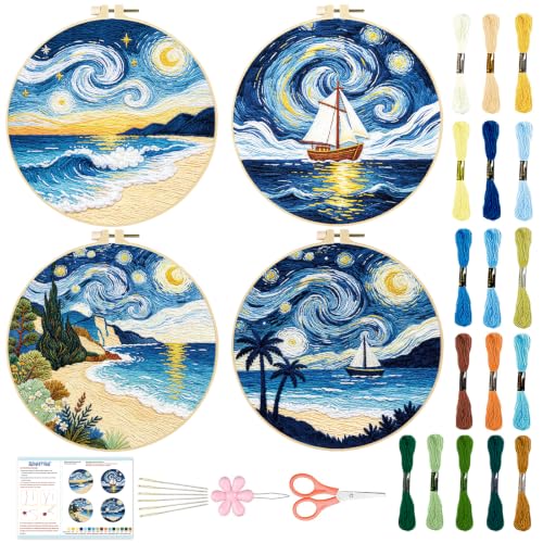 BEUNITONE 4pcs Embroidery Kit, Starry Sky & Beach Stamped Embroidery Kits with Hoop, Thread & Needles, Cross Stitch Kits Sewing Gifts for Adults and Beginners, DIY Craft for Relaxation - style: C-Starry Sky Scenery