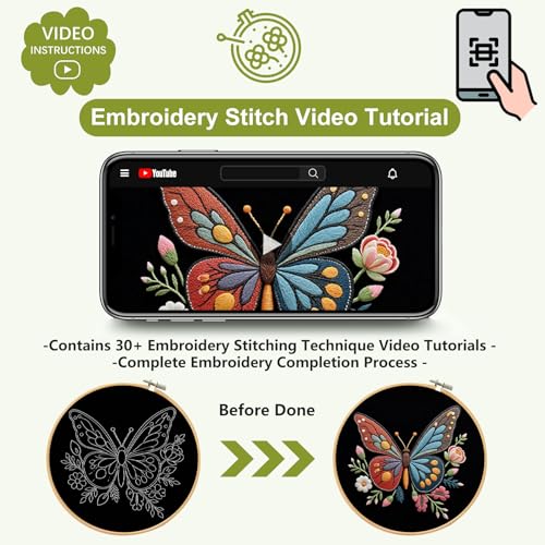 Santune Embroidery Kit Needlepoint Cross Stitch Kits for Beginners Adult Needle Point Sets with Butterfly Embroidery Patterns, Includes Step-By-Step Instructions and Accessories - color: Butterfly & Flower Series