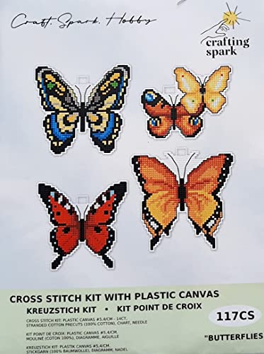 Counted Cross-Stitch Kit on Plastic Canvas with Butterflies. 4 Cute Ornaments Different Dimensions 117CS. 14 Count Plastic Canvas Sheets 8.27x11.02 Inches. Great for Embroidery & Needlework Amateurs - color: multicolored