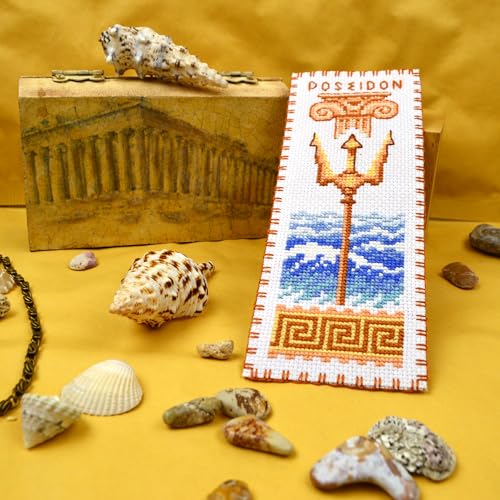 Povitrulya Counted Cross Stitch Kit Poseidon – DIY Bookmark Embroidery Set for Adults & Beginners, Trident Sea Waves Ancient Greek Mythology Needlework Gift - color: Poseidon