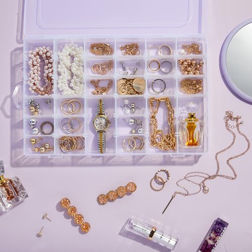 Juvale Jewelry Organizer Box - 3-Pack, 1.7 x 10.75 x 7 In, Clear Plastic - Bead Storage Containers with 36 Compartments & Dividers - Stackable Screw Organizer Box