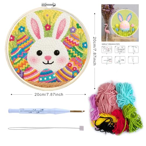 QBQBQ 4 Sets Easter Punch Needle Kits Adults Beginner, Easter Embroidery Kit with Printed Pattern and Bamboo Hoop, Festival Gift and Decoration