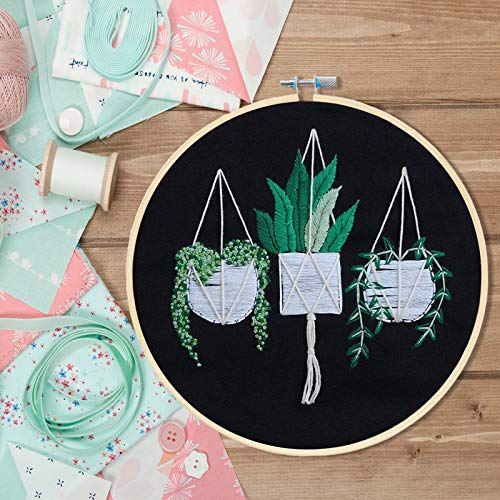 KISSBUTY Full Range of Embroidery Starter Kit with Pattern, Cross Stitch Kit Including Stamped Embroidery Fabric with Pattern, Bamboo Embroidery Hoop, Color Threads and Tool Kit (Hanging Plants)