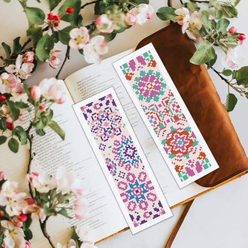 BEUNITONE 6 Pcs Mandala Cross Stitch Bookmark Kits for Beginners DIY Stamped Embroidery Bookmark Kit Colorful Floral Punch Needle Set with Instructions Craft Kit for Book Lover Gifts 8''x2.4'' - style: Small Mandala Pattern