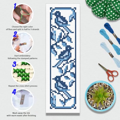 BEUNITONE Cross Stitch Bookmark Kit 6 Pcs Watercolor DIY Bookmarks Cross Stitch Kits for Beginners Birds Flower Stamped Embroidery Bookmark with Landscape Patterns Craft Kit for Gifts 8''x2.4'' - style: Blue and White Porcelain Pattern