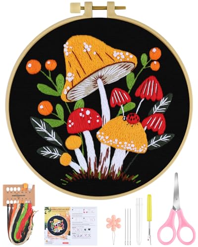 ERKOON Embroidery Kit for Beginners, Flower Cross Stitch Set for Include Embroidery Cloth Hoops Threads for Craft Lover Hand Stitch with Embroidery Skill Techniques (Mushroom) - color: Mushroom