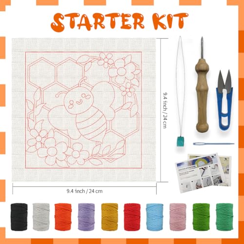 BEUNITONE 2 Sets DIY Punch Needle Kits for Beginners,Bee Pre-Printed Pattern,Embroidery Punch Needle Starter Kits for Adults,Includes Pre-Printed Cloth,Yarns,Hoops,Threader and Instructions - color: 10-Bee