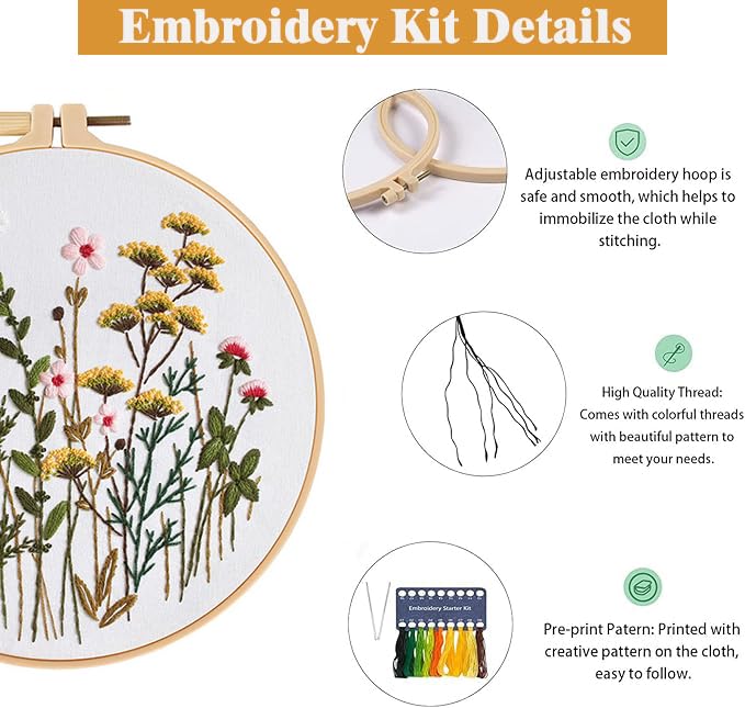 GLTAYLMY Flower Embroidery Kit for Beginners with Pattern and Instructions,3 Pack Cross Stitch Kits,1 Plastic Embroidery Hoops,Threads and Needles,Needlepoint Kit for Adults - color: Grass