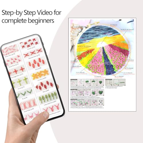 Zhenqing Flower Field Embroidery Kit for Beginners, Romantic Sunset Landscape Needlework Kit with Pre-Printed Fabric, Hoop, Threads & Tools (S-CX0314) - color: Romantic Flower Field