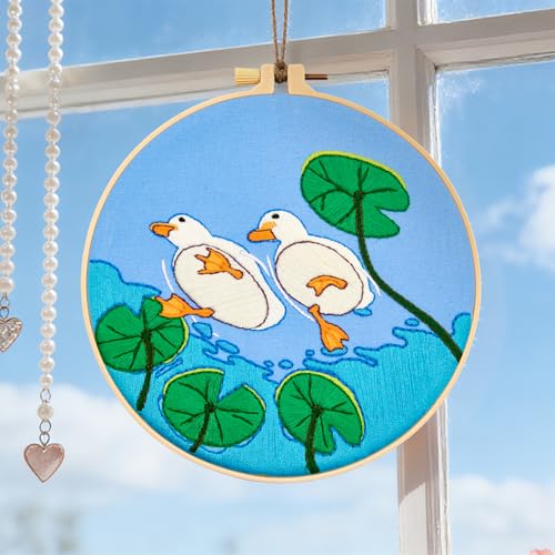 Duck Hand Embroidery Kits for Beginners Adults, Animal DIY Embroidery Starter Kit, Stamped Cross Stitch Kits for Beginner Craft Kits for Adult Women, Entire Set of Embroidery Supplies & Video Tutorial - color: H2070