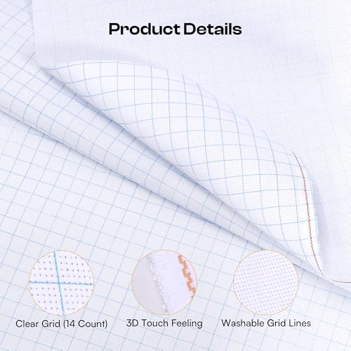Caydo Cross Stitch Aida Fabric 14 Count with Washable Grid Lines, 59"x39" Large Size for for Home DIY Embroidery Decoration and Needlework