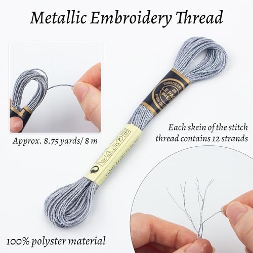 6 Skeins Embroidery Thread, Metallic Grey Embroidery Floss Friendship Bracelet String, Polyester Cross-Stitch Threads for Hand Embroidery, String Art - color: grey