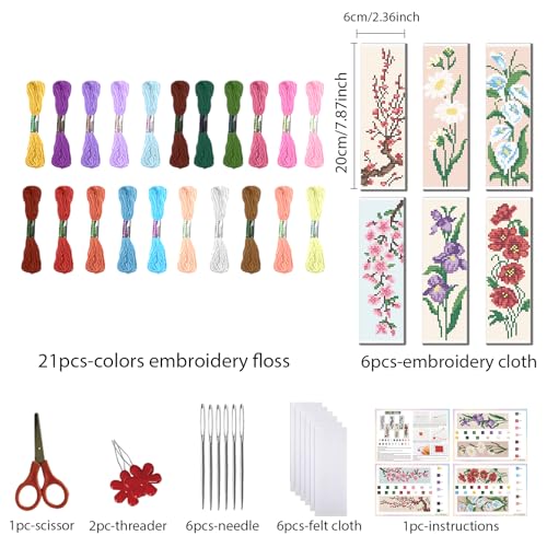 FREEBLOSS 6 Set Cross Stitch Bookmark Kit 6-Colored Flowers Pattern Stamped Cross Stitch Kit 11CT Embroidery Kits with Instructions for Beginners Adult 20x6cm/8x2.4inch - style: Flower Branches 2