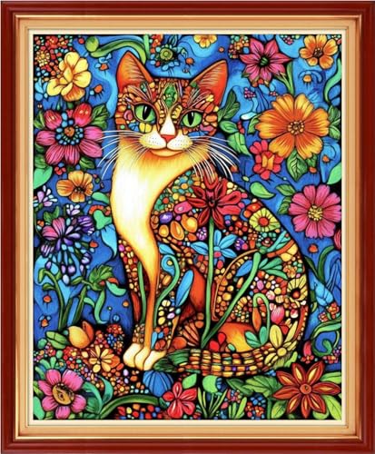 Artvxeay Stamped Cross Stitch Kits Beginners Full Range of Embroidery Starter Kits for Adults Printed Cross Stitching DIY Needlepoint Kit 11CT- Magical Cat Flower 16x20 inch - color: Color59