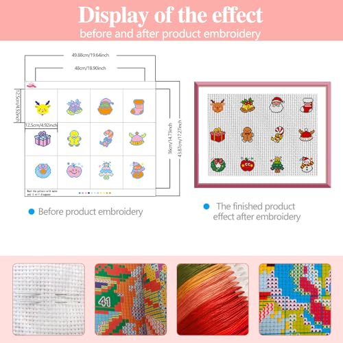 Zhenqing 12 Mini Christmas Stamped Cross Stitch Kit for Beginners, 11CT Printed Fabric with Santa Reindeer Snowman Tree Gift Bell Designs, DIY Holiday Craft Set with Pre-Cut Floss, Needles and Guide