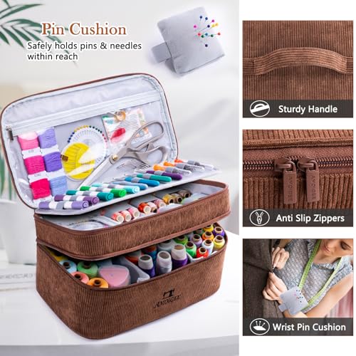 Double-Layer Sewing Organizer Bag with Pin Cushion for Sewing Supplies - color: Brown, size: Style A - Courony