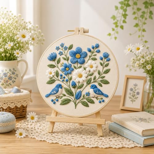ARTopet Embroidery Kit for Adults Beginners Flower DIY Craft Starter Set Cotton Needlepoint Set with 7.87In Hoop Threads Tools Perfect Gifts for Hobbyists to Create Wall Art-Birds - color: Birds
