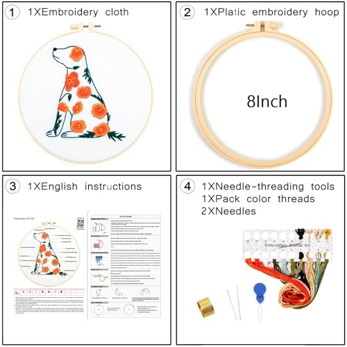 Crafmanoe Flowers Dog Embroidery Kits for Beginners Adults, Hand Embroidery Starter Kits, Stamped Cross Stitch Kits DIY Needlepoint Kit for Beginners Adults, Embroidery Hoop, Thread and Video Tutorial - color: H2074