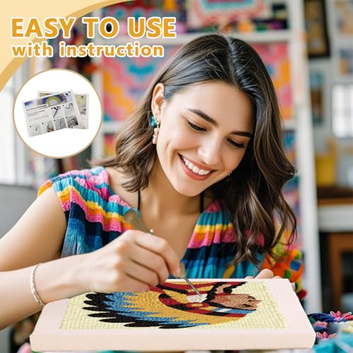 Doodlream Native American Chief Needle Kit for Beginner, 9.4"x 9.4" Tribal Punch Stitching Craft Set, Woman DIY Embroidery Starter with Printed Frame, Instruction, Threader, Yarn, Pinch Needle - color: Native American Chief