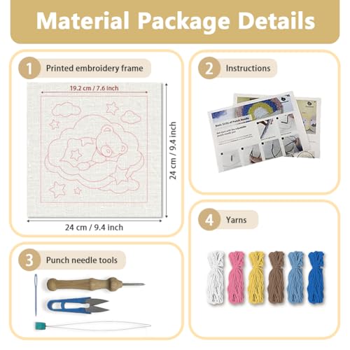 Doodlream Bear Cloud Needle Kit for Beginner, 9.4"x 9.4" Cartoon Animal Punch Stitching Craft Set, Color DIY Embroidery Starter with Printed Frame, Instruction, Threader, Yarn, Pinch Needle - color: Bear
