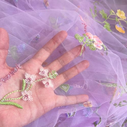 Elegant White Lace Fabric Tulle Fabric by Yard Colorful Floral Embroidery, 35x51in - Soft Tulle for DIY Dresses & Wedding Gowns, Hand Wash Only (Purple, 2 Yard（70x51in）) - color: Purple, size: 2 yard（70x51in）