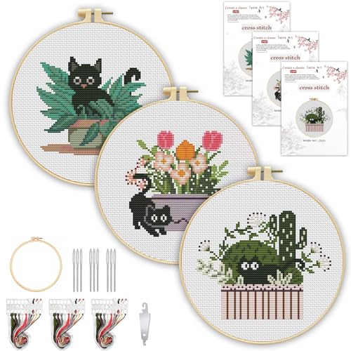 TCDZMYGS 3 Pack Stamped Cross Stitch Kits for Beginners-Plant Cat,with Hoop - color: Cat-1