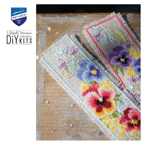 Vervaco Counted Cross Stitch Bookmark Kit for Beginners Floral Embroidery Pattern for Book Lovers2,4" x 8" DIY Crafts for Adults Creative Book Lovers Gift Starter Craft Kit Supplies - size: Violets