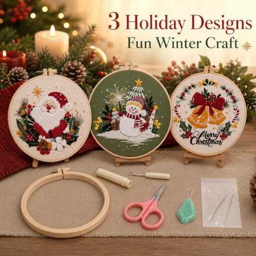 Nalexmi 3 Sets Christmas Embroidery Kits, Snowman, Santa, Jingle Bell - color: christmas