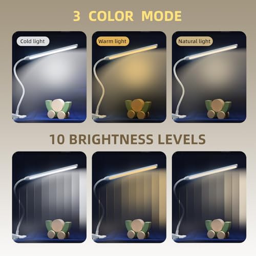 Clip on Desk Lamp, Flexible Arm, 14'' Light‑Bar Dimming Task Light, White