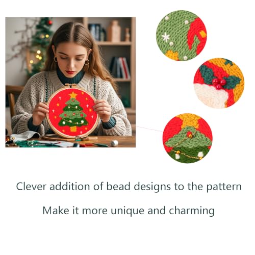 Myfelicity Punch Needle Kit, Punch Needle Kits Adults Beginner,Father Christmas and Christmas Tree Patterns, Complete with a Few Beads - color: red
