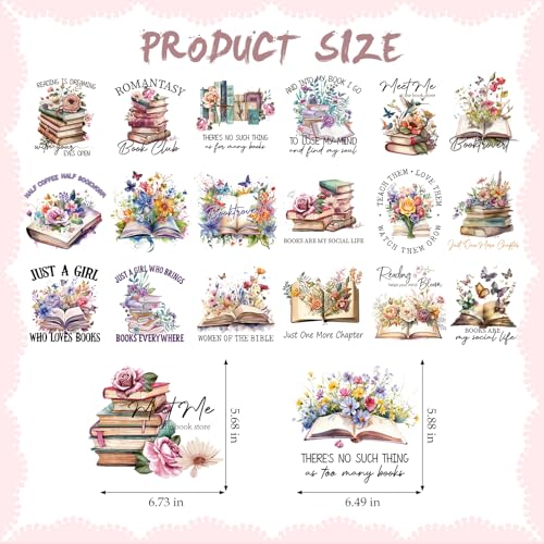 Dazoratix Book Lover Transfer Stickers - 20 Sheets Flower Iron on Transfers Heat Ready to Press Patches for T-Shirts Women Clothing Decals DIY Crafts Clothes Hat Pillow Backbpack Decorations Appliques - style: Book Lover-20PCs