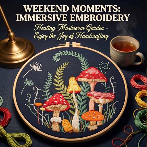 Harimau Adult Beginner Embroidery Starter Kit, Complete Set with 4 Patterns, 2 Hoops, Needles, Scissors, Instruction Guide & Stitching Video Tutorials - color: Mushroom pattern