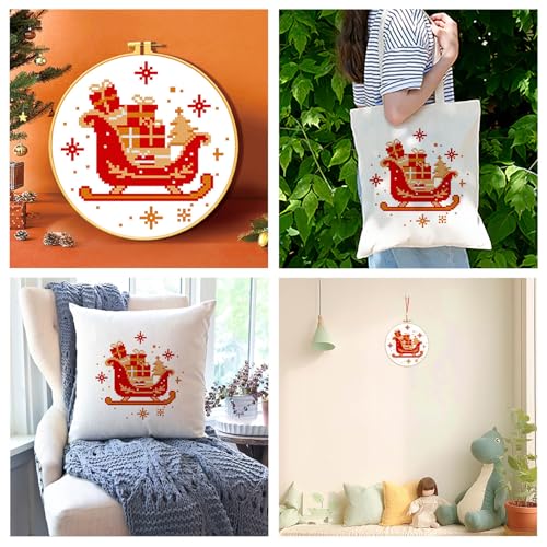 Zhenqing Christmas Sleigh Gift Cross Stitch Kit with Hoop - 11CT Pre-Printed 24x24cm Fabric & Complete Tools for Beginners (68341) - style: Christmas Sleigh Gift
