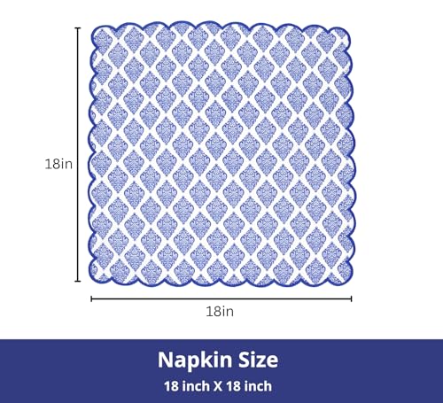 PurpleEssences Scalloped Cloth Napkins 18x18 in - Floral Paisley Edges Blue - color: Floral Paisley Edges - Blue