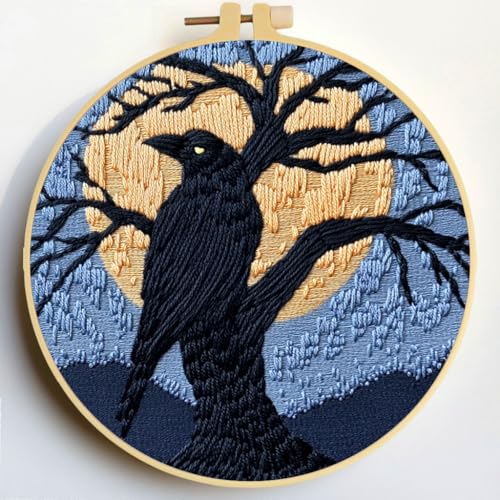 Punch Needle Kits Black Raven on Black Tree Under Moon 20x20cm-3