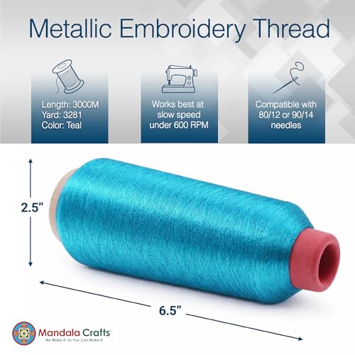 Mandala Crafts Metallic Teal Embroidery Floss for Sewing, 3281 Yard Spool - color: Teal, size: 3000M 3281 Yard