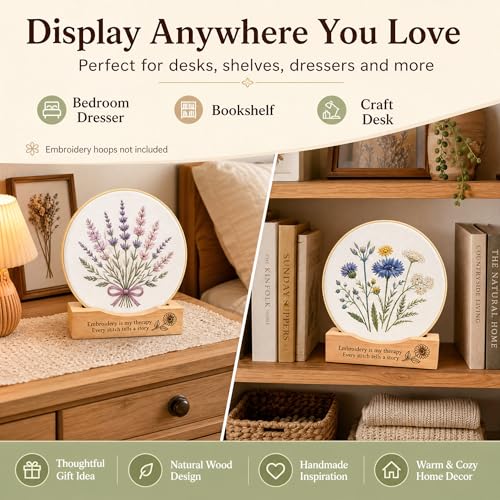 PXIRQ 2-Pack Embroidery Hoop Display Stand – 2‑Tier Grooved Frame Holder Wooden Base for Showcasing Finished Embroidery Art, Cross-Stitch Projects & Needlework, Home Decor & Craft Fairs Accessories