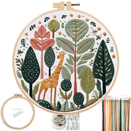 FONNUY Giraffe Pre-Stamped Embroidery Pattern for Beginners, Boho Needlepoint Kits for Beginners Cross Stitch Craft Sewing Full Needles and Thread Hoop Kit (Giraffe 04) - color: Giraffe 04