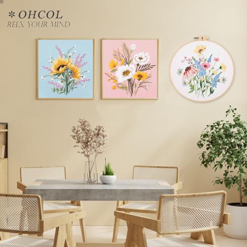 Ohcol 3 Sets Embroidery Kit,Cross Stitch Kits Needlepoint Kits for Adults Beginner,Needle Point Kits with Washable Pre-Printed Floral Pattern,Hoops,Women DIY Hand Crafts - color: Flowers (3 Patterns,1 Hoop+ Extas)