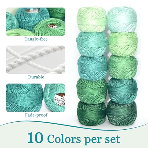 Double Mercerized Egyptian Long Staple Cotton Pearl Thread Ball 10 Grams Rainbow Color Embroidery Thread 10 Colors per Box for Crochet Hardanger Cross Stitch Hand Embroidery,cayon Series - color: cyan green series