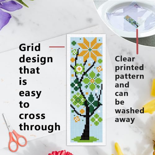 INFUNLY 6PCS/Set Tree Flowers Cross Stitch Bookmark Kit 2.99x8.54 Candy Color Handmade Cross Stitch Bookmarks DIY Embroidery Bookmarks for Readers with Instruction for Starter Adults Book Lovers - style: Tree Flowers