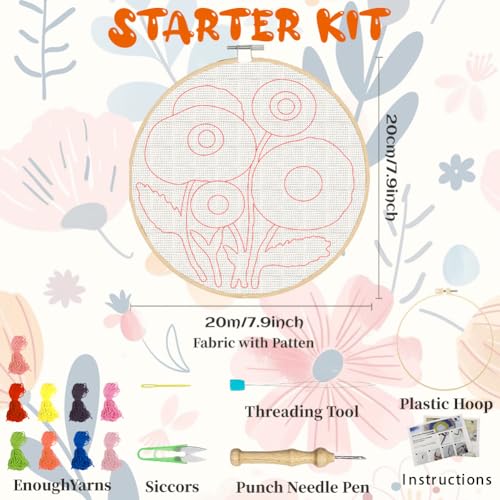 BEUNITONE 2PCS Bohemian Flower Punch Needle Kit for Adults Beginners, Complete Craft Kit Needlepoint Kits for Adults with Hoop, Punch Needle Starter Craft Set for Cloth Festival Gift and Home Decor - color: 03-Abstract Flower