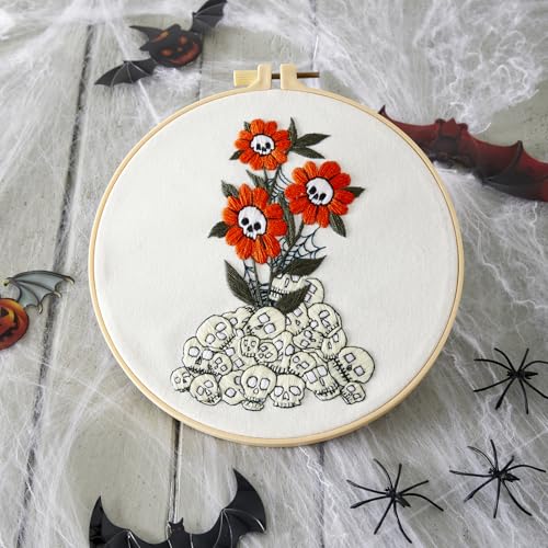 Crafmanoe Halloween Embroidery Starter Kit for Beginners Adults, Skull Flowers Stamped Cross Stitch Kits for Beginners Adults, Gothic Hand Embroidery Needlepoint Kits, Hoops, Fabric and Video Tutorial - color: H868